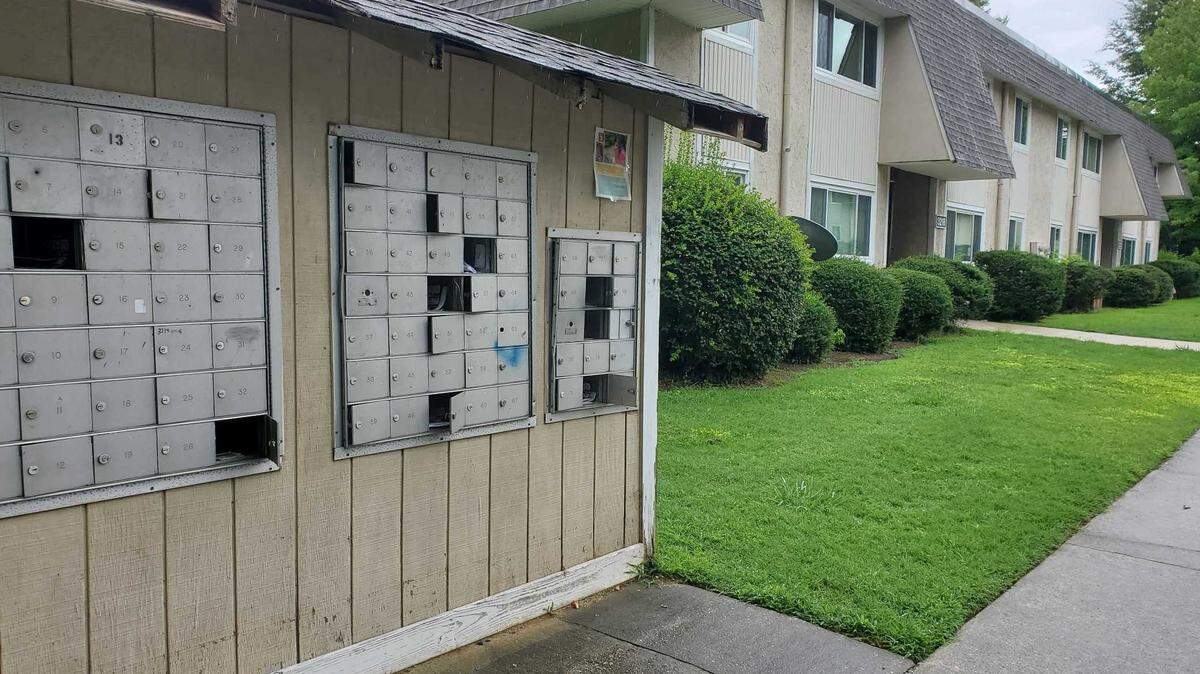 A mailbox unit at South Pointe Apartments in Greensboro.