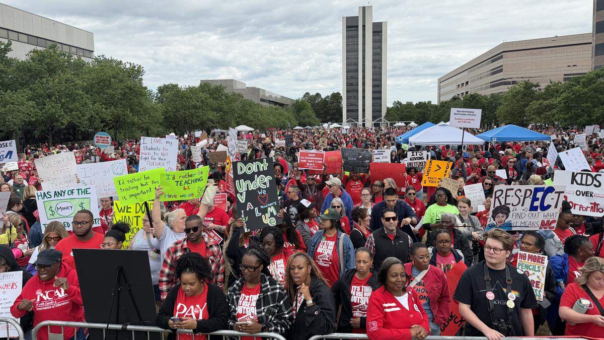 Protesters gather on Halifax Mall for the May Day teacher’s march and protest in Raleigh, Friday, May 1, 2026.