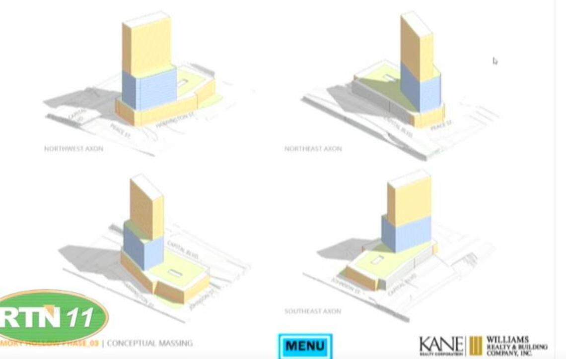 A massing model showing how Kane Realty’s potential 40-story tower on the corner of Peace Street and Capital Boulevard might look. The model does not show detail and the design of the future building hasn’t been completed yet.