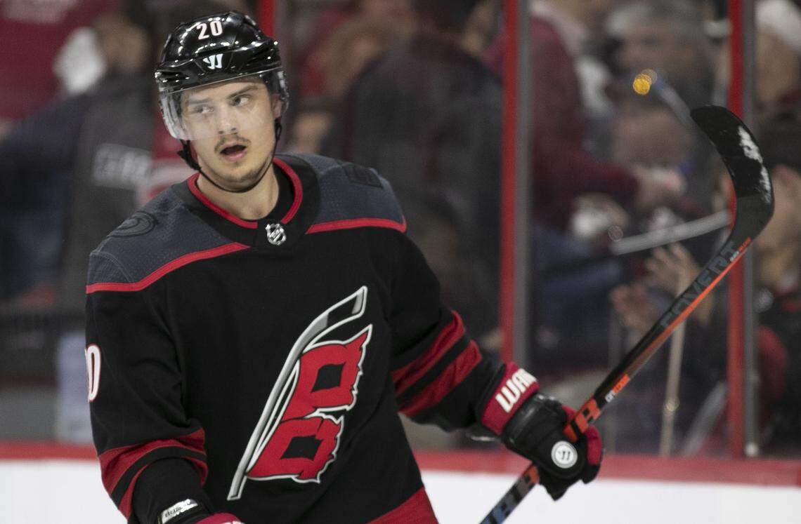 Carolina Hurricanes’ Sebastian Aho (20) reacts as time expires and the Hurricanes fall 2-1 to the Boston Bruins in Game 3 of the Eastern Conference finals on Tuesday, May 14, 2019 at PNC Arena in Raleigh, N.C