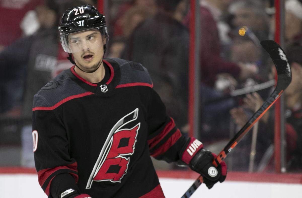 Carolina Hurricanes’ Sebastian Aho (20) reacts as time expires and the Hurricanes fall 2-1 to the Boston Bruins in Game 3 of the Eastern Conference finals on Tuesday, May 14, 2019 at PNC Arena in Raleigh, N.C