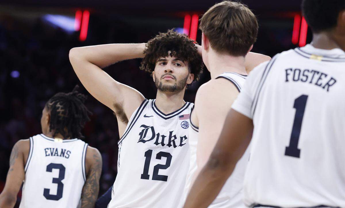 Duke’s Cameron Boozer (12) reacts after his last-second shot doesn’t fall in Texas Tech’s 82-81 victory over Duke in the SentinelOne Classic at Madison Square Garden in New York City on Saturday, Dec. 20, 2025.