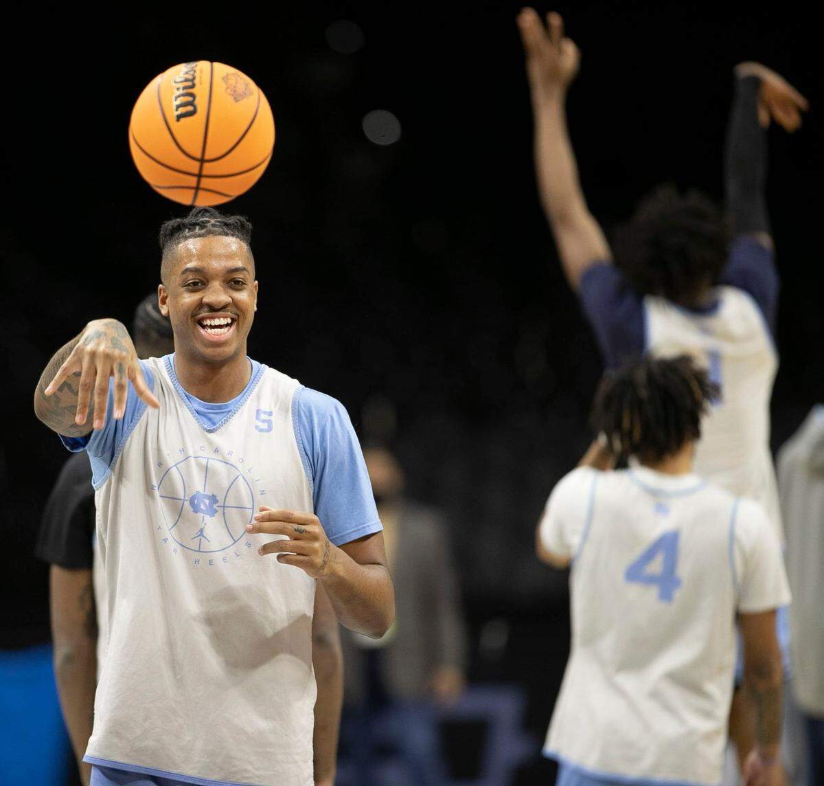 North Carolinas Armando Bacot (5) flashes a smile as he works out with his teammates as the Tar Heels prepare for their NCAA East Regional semi-final game against UCLA on Thursday, March 24, 2022 at Wells Fargo Center in Philadelphia, Pa.