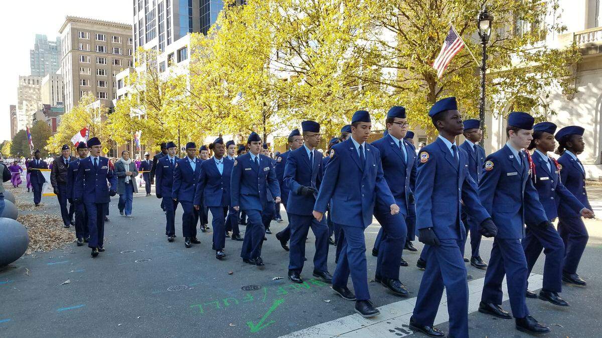 Broughton High School Air Force JROTC students march in the North Carolina Veterans Day Parade in downtown Raleigh on Saturday, Nov. 10, 2018.