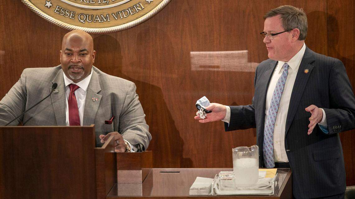 Lt. Governor Mark Robinson talks with House Speaker Tim Moore as they await the arrival of Governor Roy Cooper for the State of the State address on Monday, April 26, 2021, in Raleigh, N.C.
