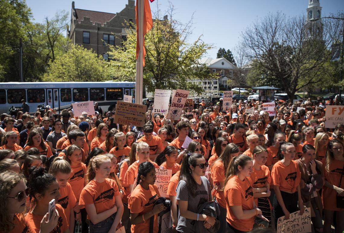 Hundreds of students and community members gathered in Peace and Justice Plaza on April 20, 2018.