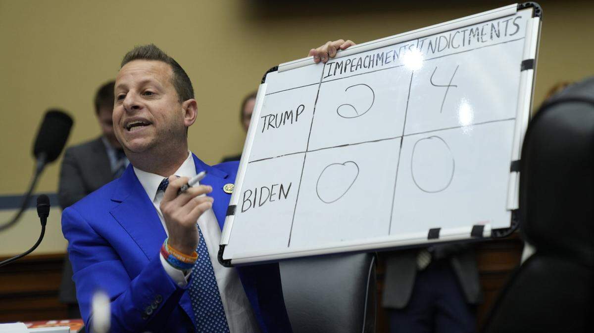 Sep 28, 2023; Washington, DC, USA; Rep. Jared Moskowitz (D-FL) speaks as the House Oversight committee holds a hearing on the basis for an impeachment inquiry of President Joseph R. Biden, Jr. On Sept. 12, 2023, House Speaker Kevin McCarthy, R-Calif., announced that the House would open a formal impeachment inquiry against President Joe Biden, escalating a Republican investigation that started in January when the GOP took majority control of the lower chamber.. Mandatory Credit: Josh Morgan-USA TODAY