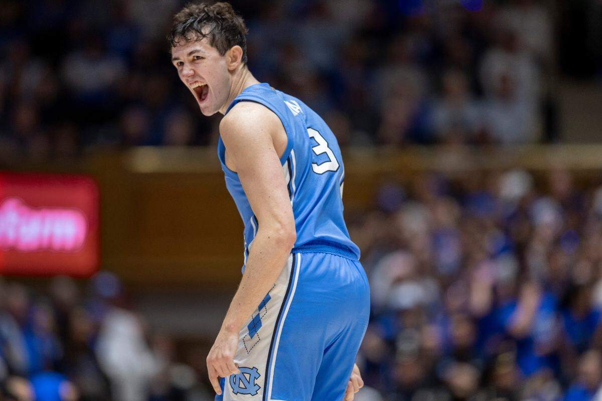 North Carolina’s Cormac Ryan (3) reacts after sinking a three point basket to give the Tar Heels’ a 78-69 lead with 1:38 to play against Duke on Saturday, March 9, 2024 at Cameron Indoor Stadium in Durham, N.C. March 9, 2024 at Cameron Indoor Stadium in Durham, N.C. Ryan scored 31 points in the Tar Heels’ 84-79 victory.
