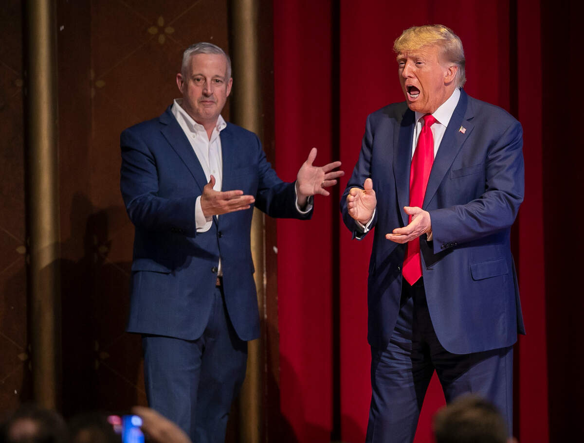 Republican Party Chairman Michael Whatley introduces former President Donald Trump as he arrives for his address to the North Carolina Republican Party Convention at the Koury Convention Center on Saturday, June 10, 2023 in Greensboro, N.C.