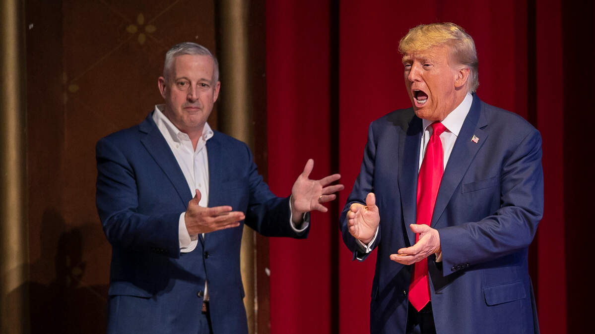Republican Party chairman Michael Whatley introduces former President Donald Trump as he arrives for his address to the North Carolina Republican Party Convention at the Koury Convention Center on Saturday, June 10, 2023 in Greensboro, N.C.