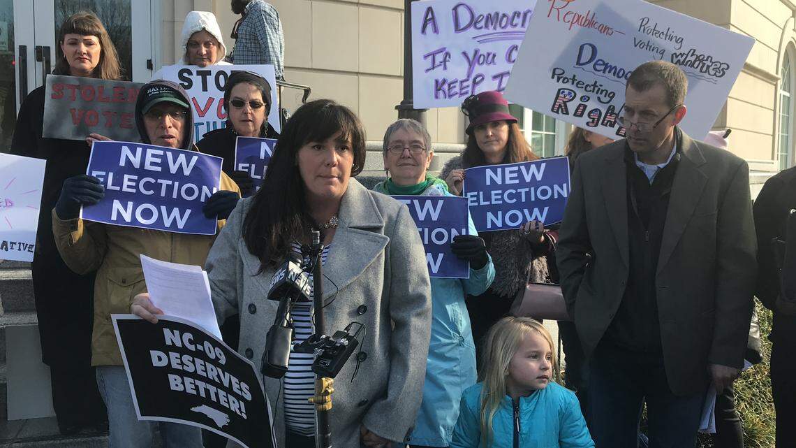 Ava Williamson, a voter from the 9th Congressional District, joined with protesters in calling for a new election on Monday. “The only way to ensure that every vote is counted, and every voice is heard, is to have a new election.”