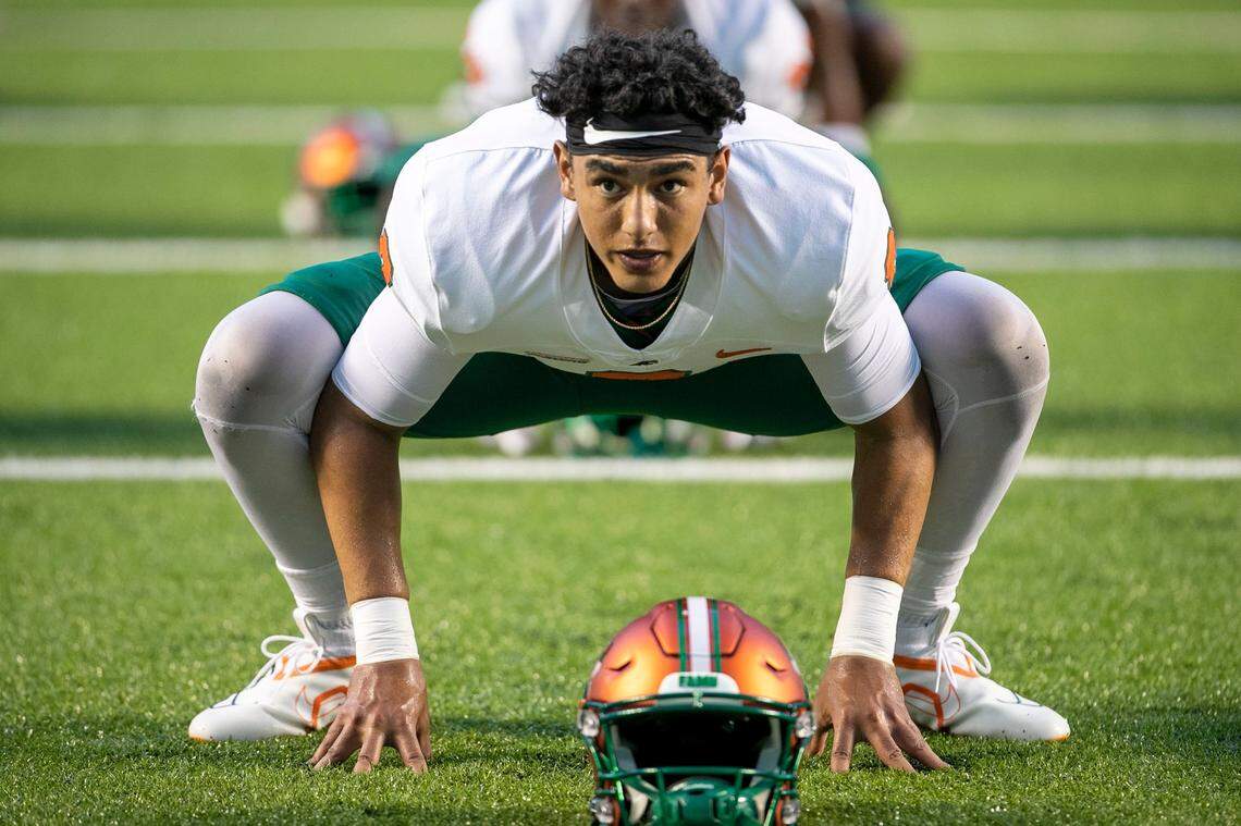 Florida A&M quarterback Jeremy Moussa (8) stretches prior to their game against North Carolina on Saturday, August 27, 2022 at Kenan Stadium in Chapel Hill, N.C.