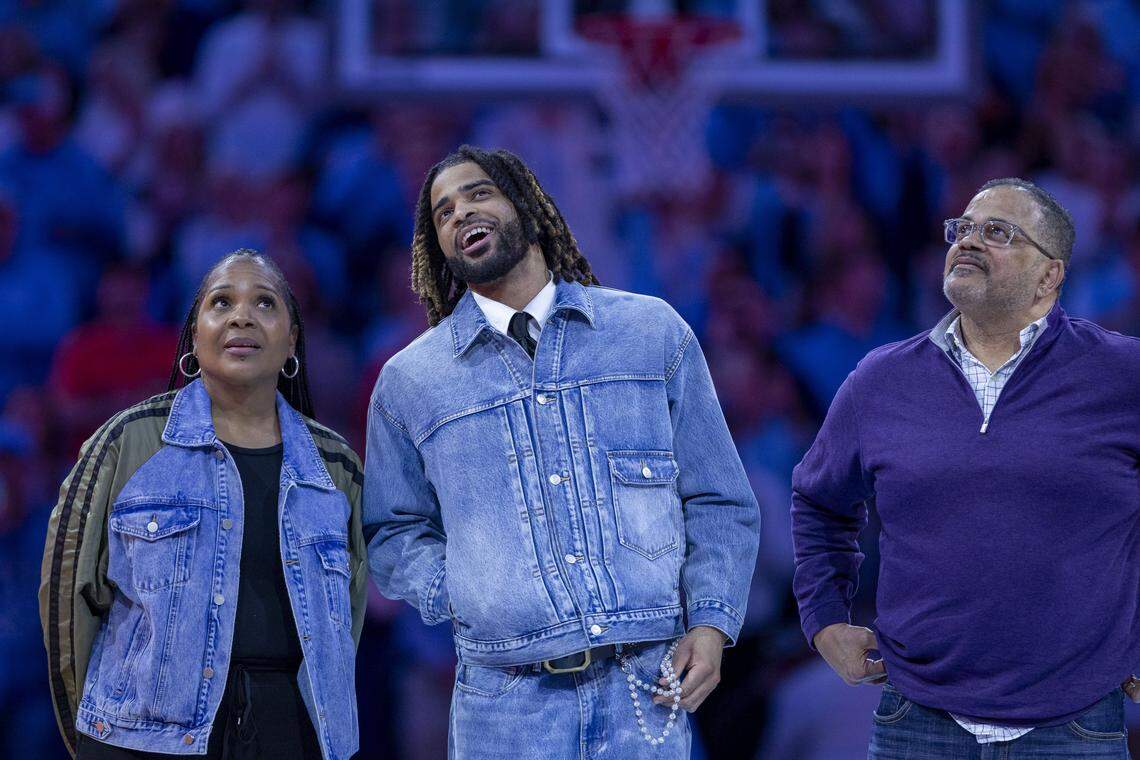 Former Tar Heel R.J. Davis is honored at halftime of the North Carolina vs Clemson game, as he has his jersey hung in the rafters of the Smith Center on Tuesday, March 3, 2026 in Chapel Hill, N.C. 