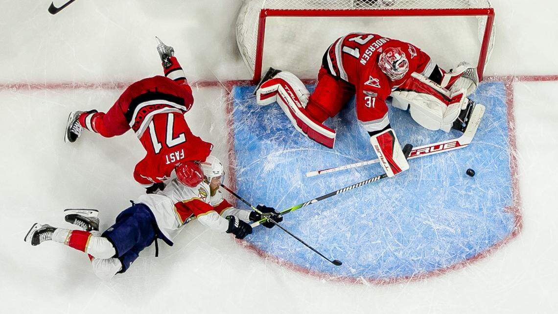 Carolina Hurricanes goalie Frederik Andersen (31) and Jesper Fast (71) stop a scoring attempt by the Florida Panthers Sam Bennett (9) in the second overtime period during Game 1 of the Eastern Conference Finals on Friday, May 19, 2023 at PNC Arena in Raleigh, N.C.