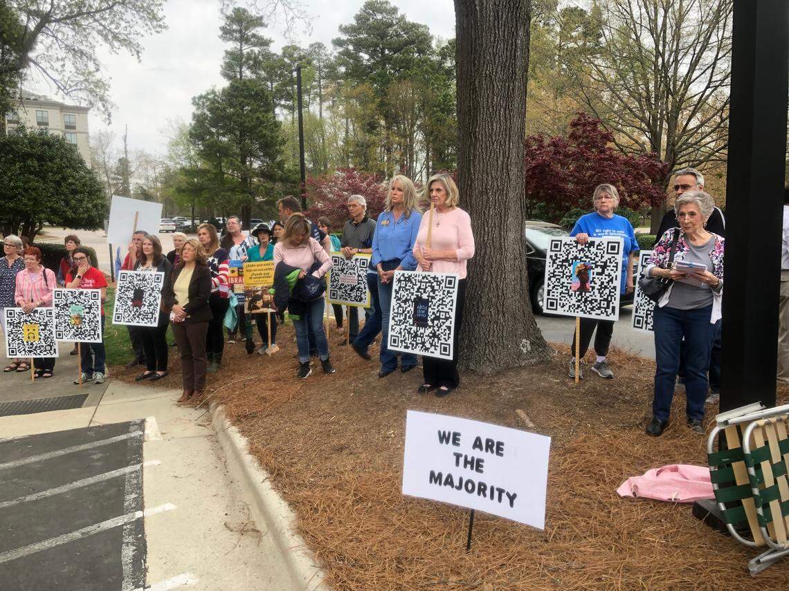 Around 50 people attended a protest outside the Wake County school board meeting in Cary. N.C., on April 5, 2022 to protest what they say is the distribution of obscene books in school libraries.