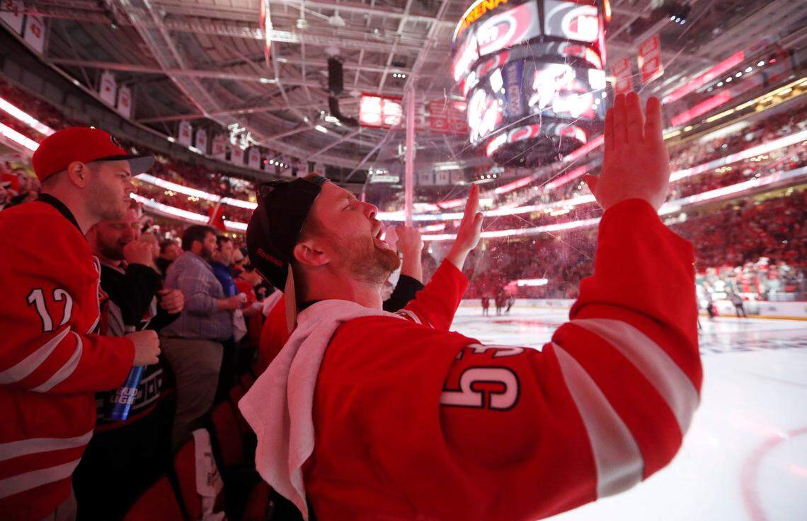 Adam Watson of Greensboro cheers on the team before the Carolina Hurricanes’ game against the Washington Capitals at PNC Arena in Raleigh, N.C., Monday, April 15, 2019.