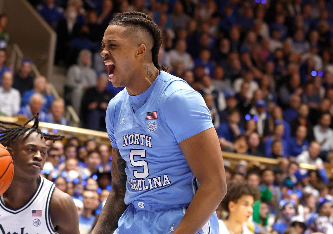 North Carolina’s Armando Bacot (5) celebrates after scoring during the first half of Duke’s game against UNC at Cameron Indoor Stadium in Durham, N.C., Saturday, Feb. 4, 2023.