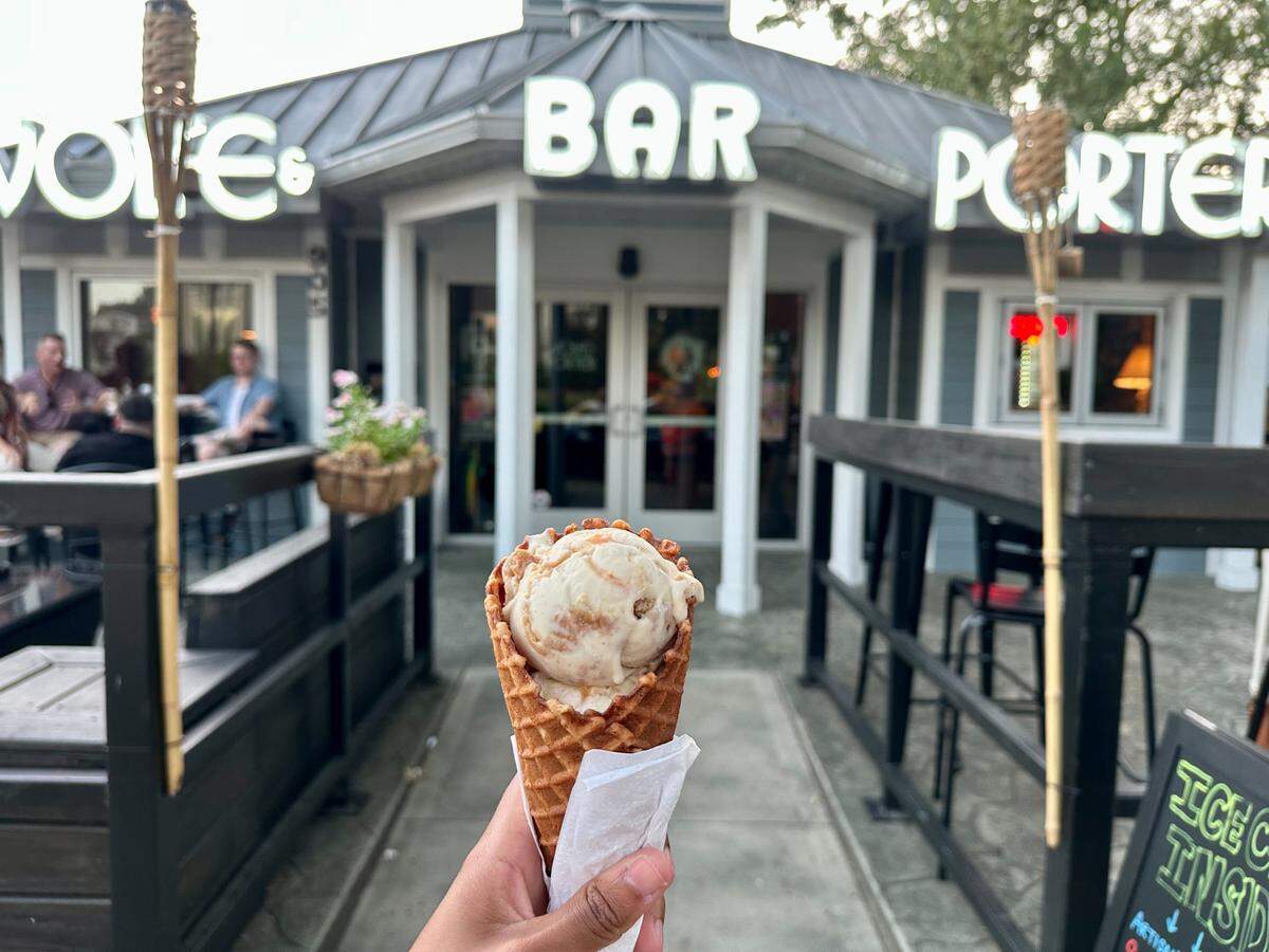 Bold Batch Creamery’s peach a la mode flavor in a sourdough cone.