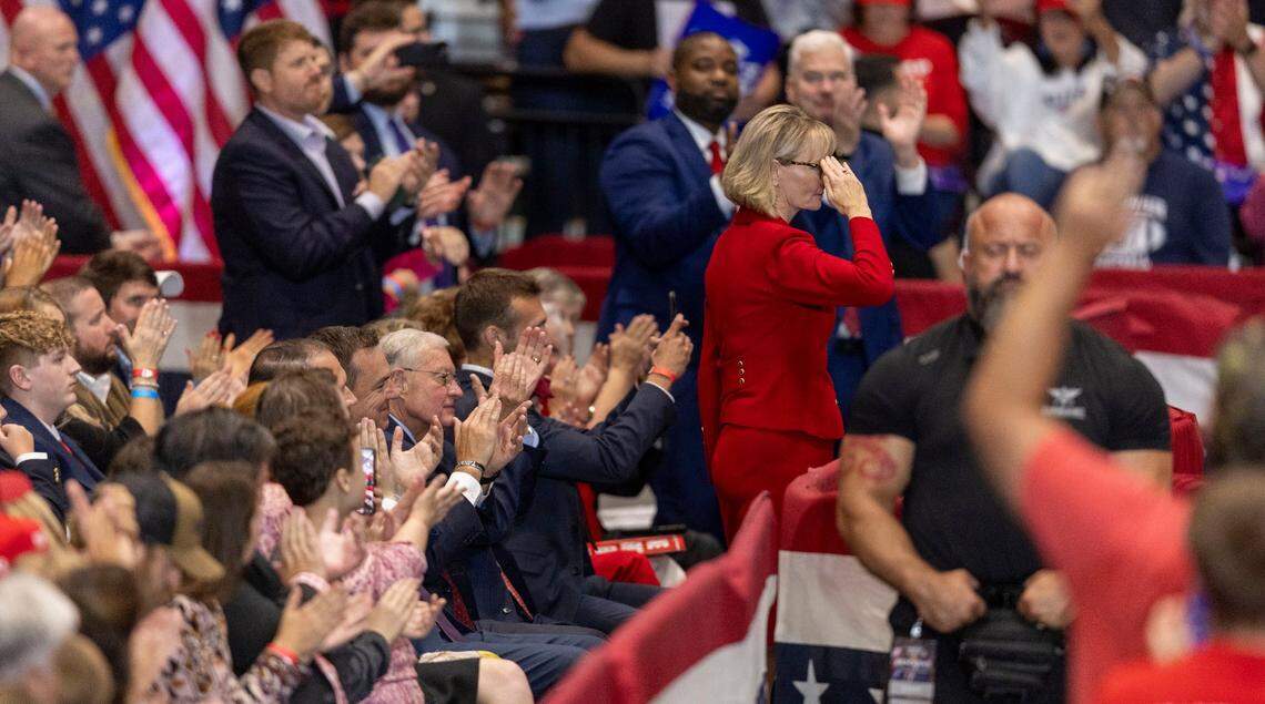 Laurie Buckshot, Army veteran and District 1 congressional candidate salutes former President Donald Trump, the Republican presidential nominee, on Wednesday, October 30, 2024 at the Rocky Mount Event Center in Rocky Mount, N.C.