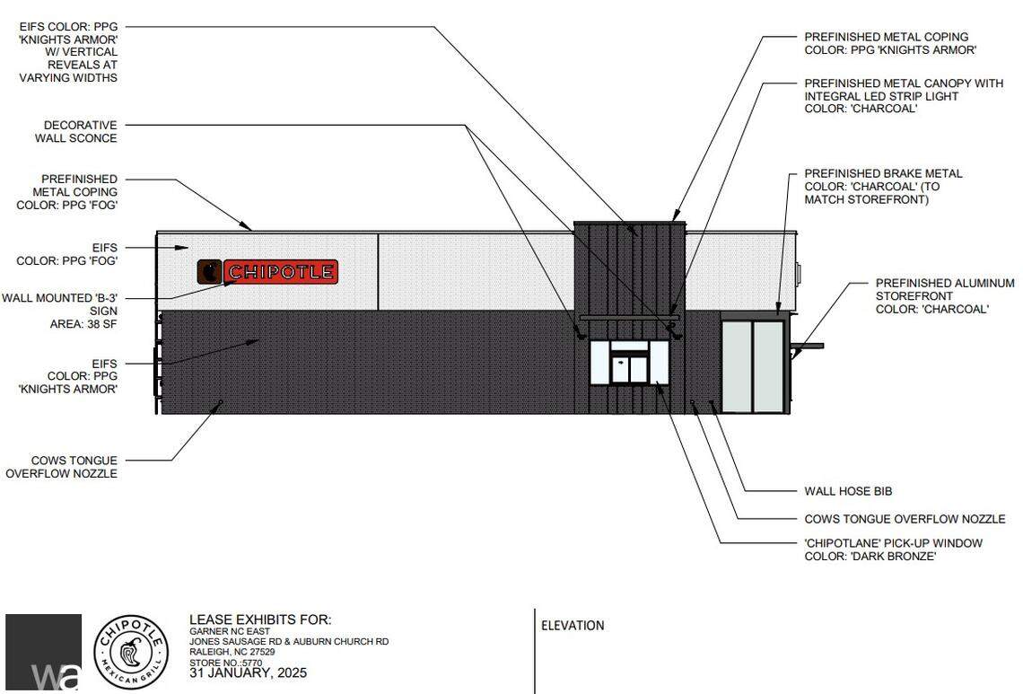 This screen grab from an administrative site review document submitted to the City of Raleigh shows a rendering of a new Chipotle near Garner.