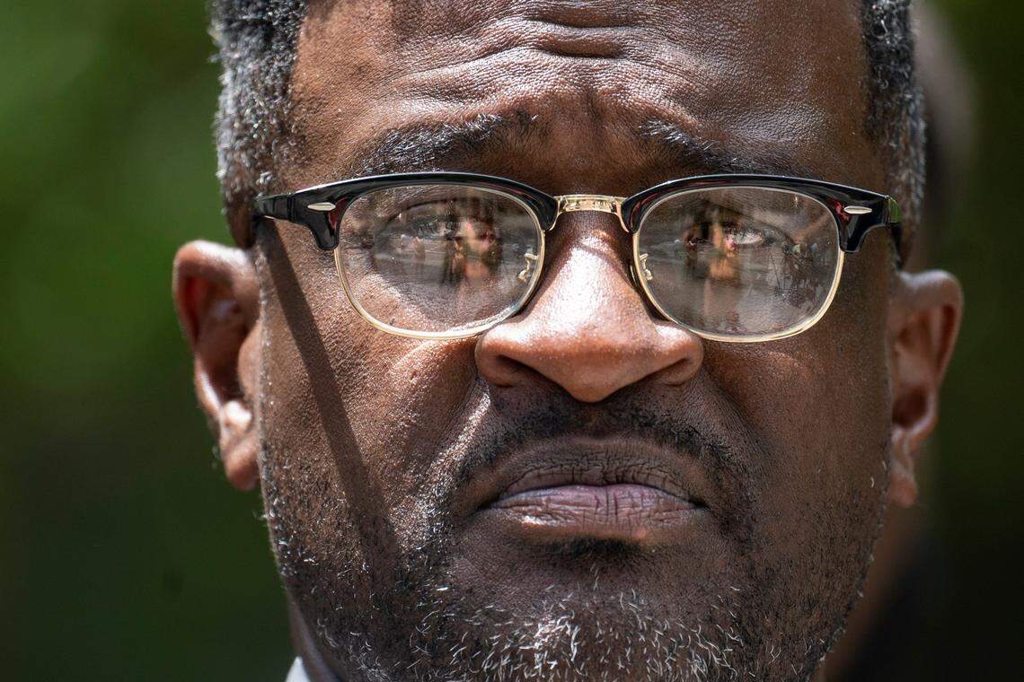 John Barnett, a civil rights activist, speaks at a press conference outside of the District Attorneys Office in Raleigh, N.C. on Friday July 1, 2022. Barnett called for the arrest of Carolyn Bryant Donham, whose unserved warrant from 1955 for the kidnapping of Emmett Till was recently found in a court basement.