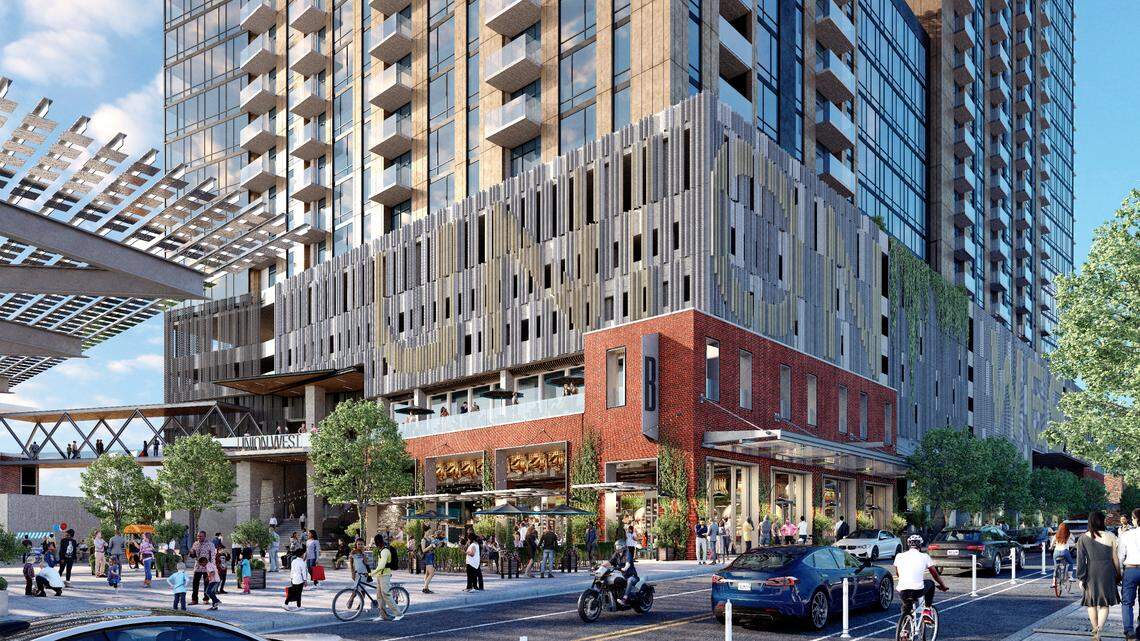 A rendering of Union West, the planned retail and apartment complex on West Street in downtown Raleigh. The project will include a bus depot for GoRaleigh and GoTriangle buses adjacent to Raleigh Union Station. The bus station and some of the apartments are expected to open in 2025.