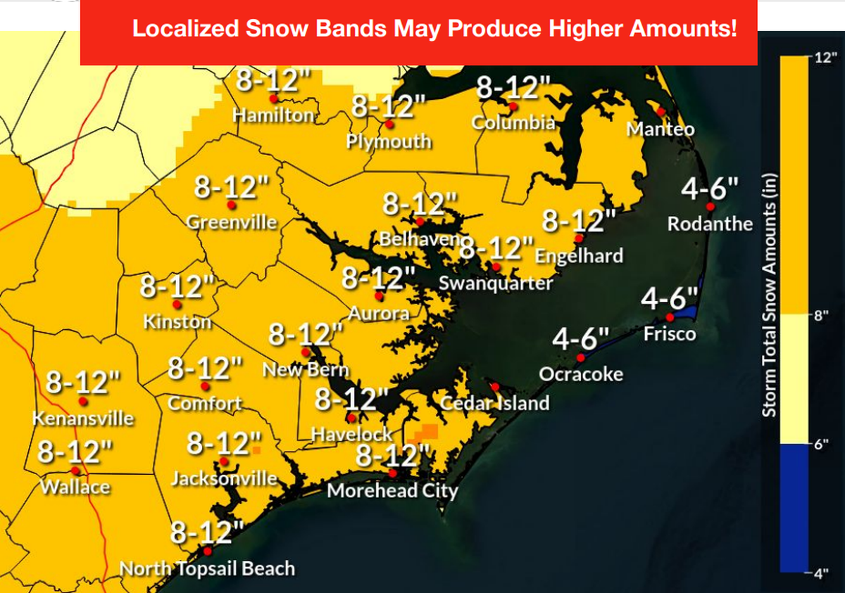 Here are predicted forecast totals for the Outer Banks and Eastern North Carolina, as of 7 a.m. Jan. 31, 2026.
