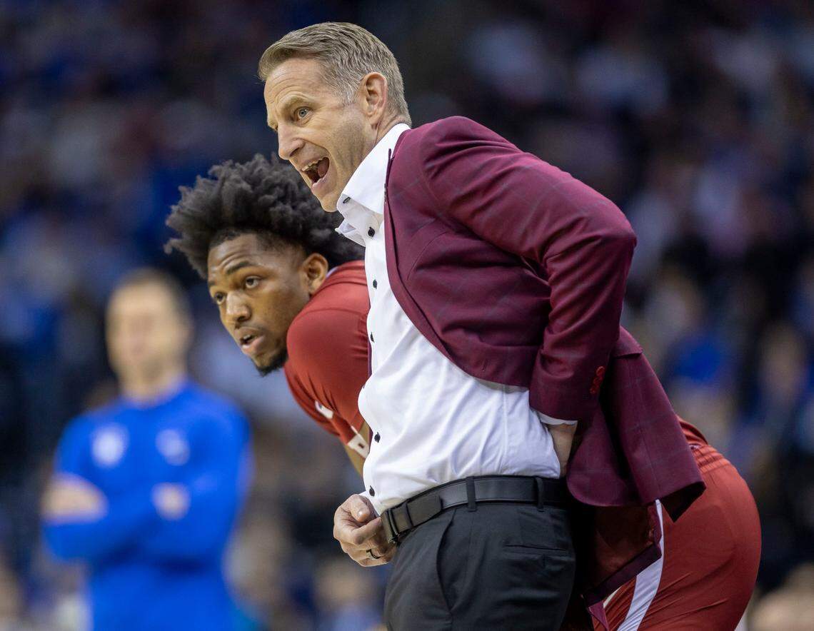 Alabama coach Nate Oats talks with Mouhamed Dioubate (10) before sending him into the game the first half against Duke on Saturday, March 29, 2025 during the NCAA East Regional final at Prudential Center in Newark, N.J.
