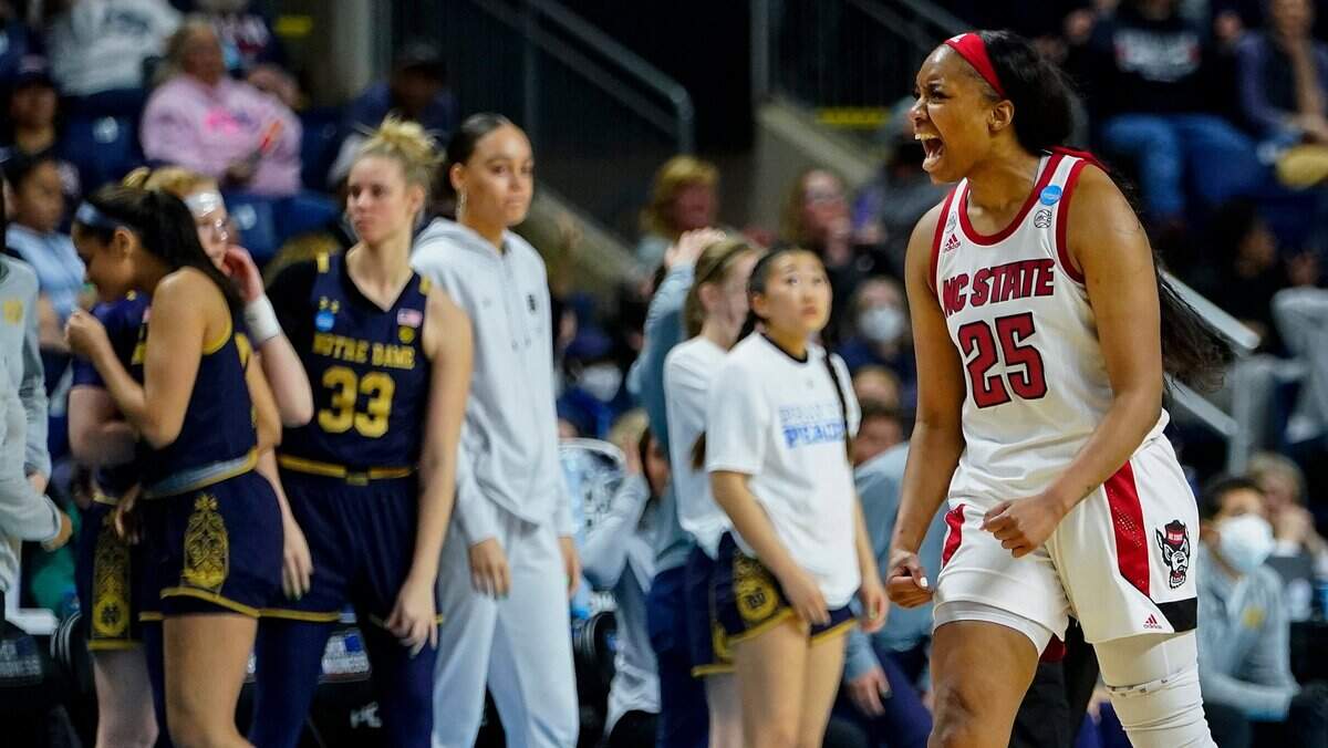 North Carolina State forward Kayla Jones (25) reacts during the fourth quarter of a college basketball game against Notre Dame in the Sweet Sixteen round of the NCAA women’s tournament, Saturday, March 26, 2022.