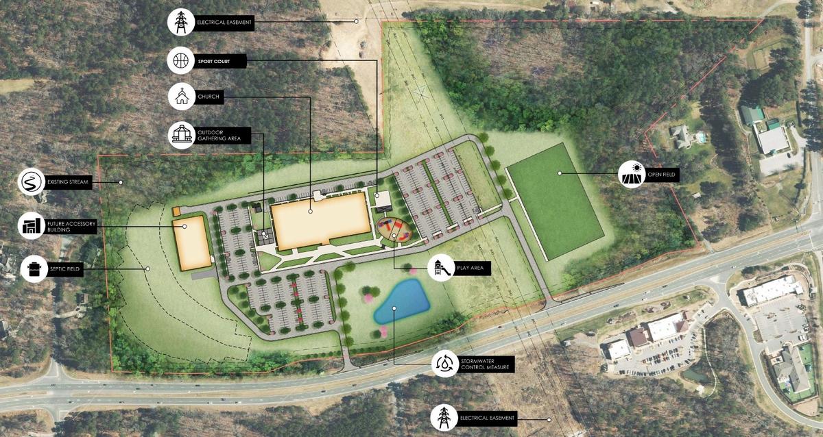 Chatham County’s Board of Commissioners rejected this plan in December 2024 to build a Summit Church campus serving members who meet at East Chapel Hill High School. The Summit Church has sued, claiming the decision discriminated against the church.