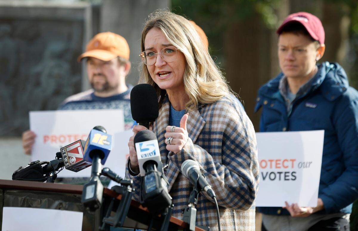 NCDP Chair Anderson Clayton speaks during a press conference near the Justice Building in Raleigh, N.C., Monday, Jan. 27, 2025. The press conference was about N.C. Supreme Court candidate Jefferson Griffin’s challenge of the ballots of more than 60,000 North Carolina voters.