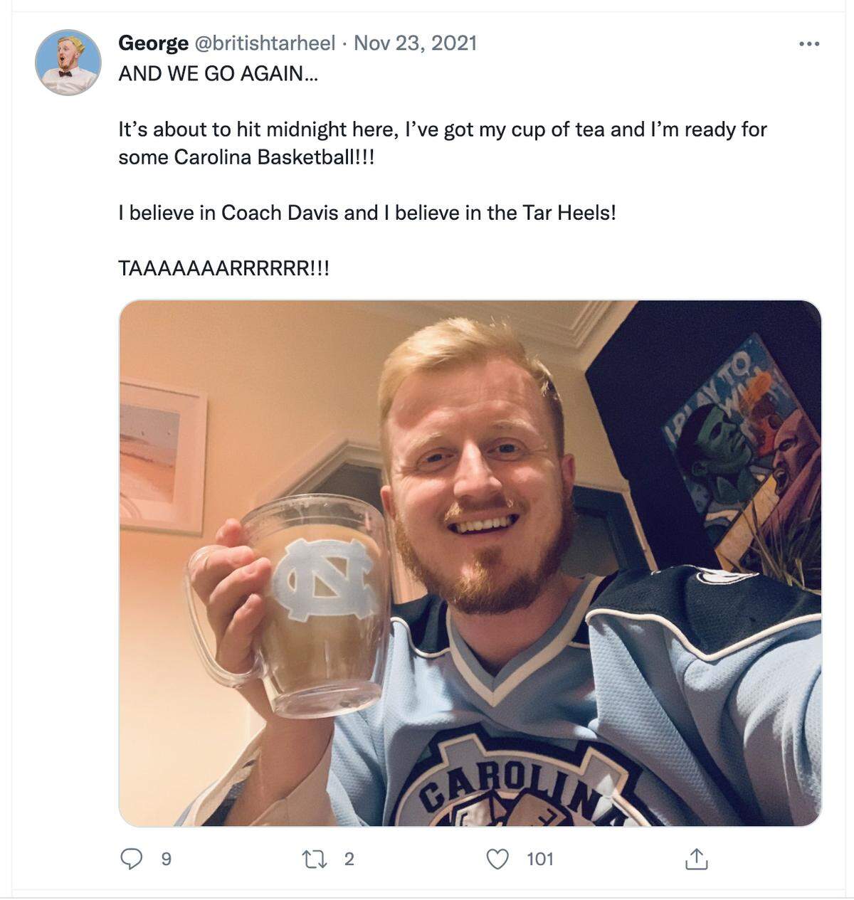 A tweet from George Harmer, @britishtarheel, from before North Carolina took on UNC Asheville on November 23, 2021.