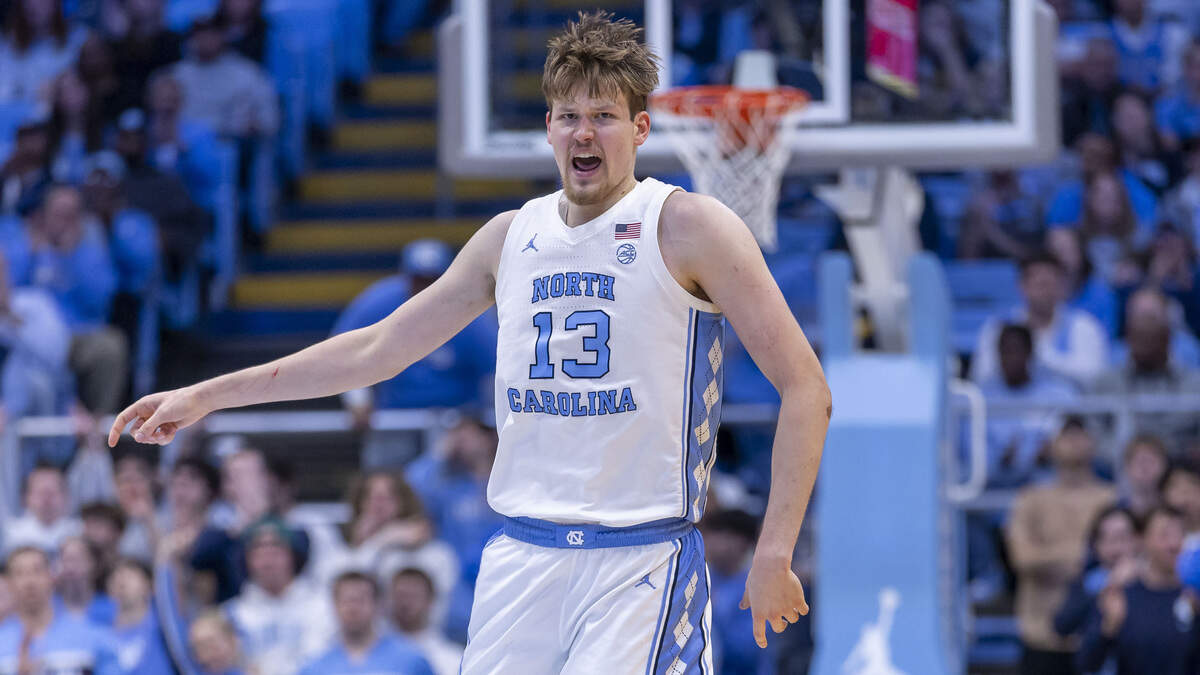 North Carolina center Henri Veesaar (13) reacts after a three-point basket in the first half against East Tennessee State on Tuesday, December 16, 2025 at the Smith Center in Chapel Hill, N.C.