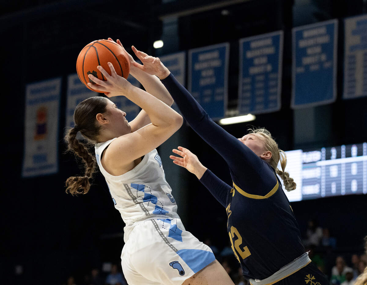 North Carolina’s Lanie Grant shoots over Notre Dame’s Liza Karlen during the first half of the Tar Heels’ game at Carmichael Arena on Sunday, Jan. 5, 2025, in Chapel Hill, N.C.