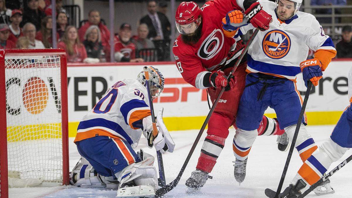 The Carolina Hurricanes Brent Burns (8) tries to score on New York Islanders goalie Ilya Sorokin (30) in the first period during Game 5 of their Stanley Cup series on Tuesday, April 25, 2023 at PNC Arena in Raleigh, N.C