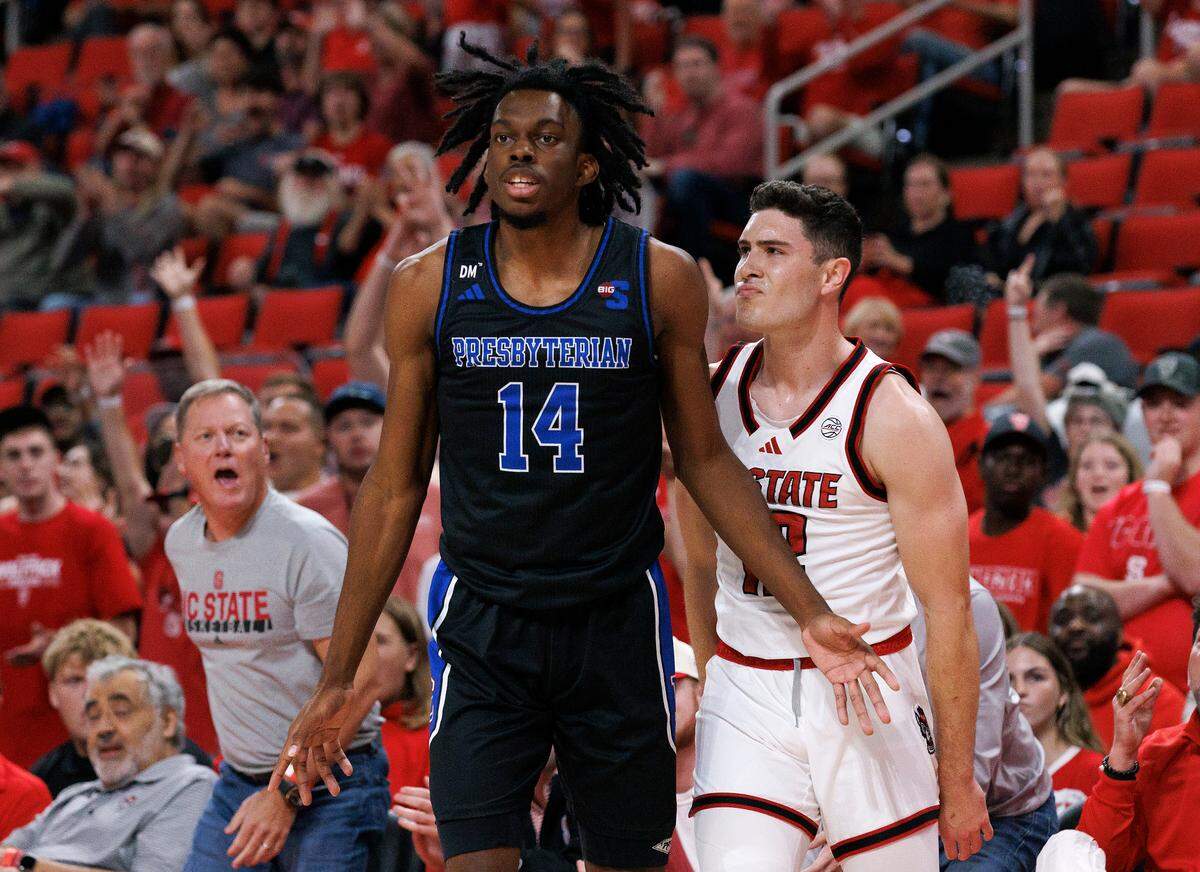 N.C. State’s Michael O’Connell reacts after knocking down a basket during the first half of the Wolfpack’s game against Presbyterian on Friday, Nov. 8, 2024, at Lenovo Center in Raleigh, N.C.