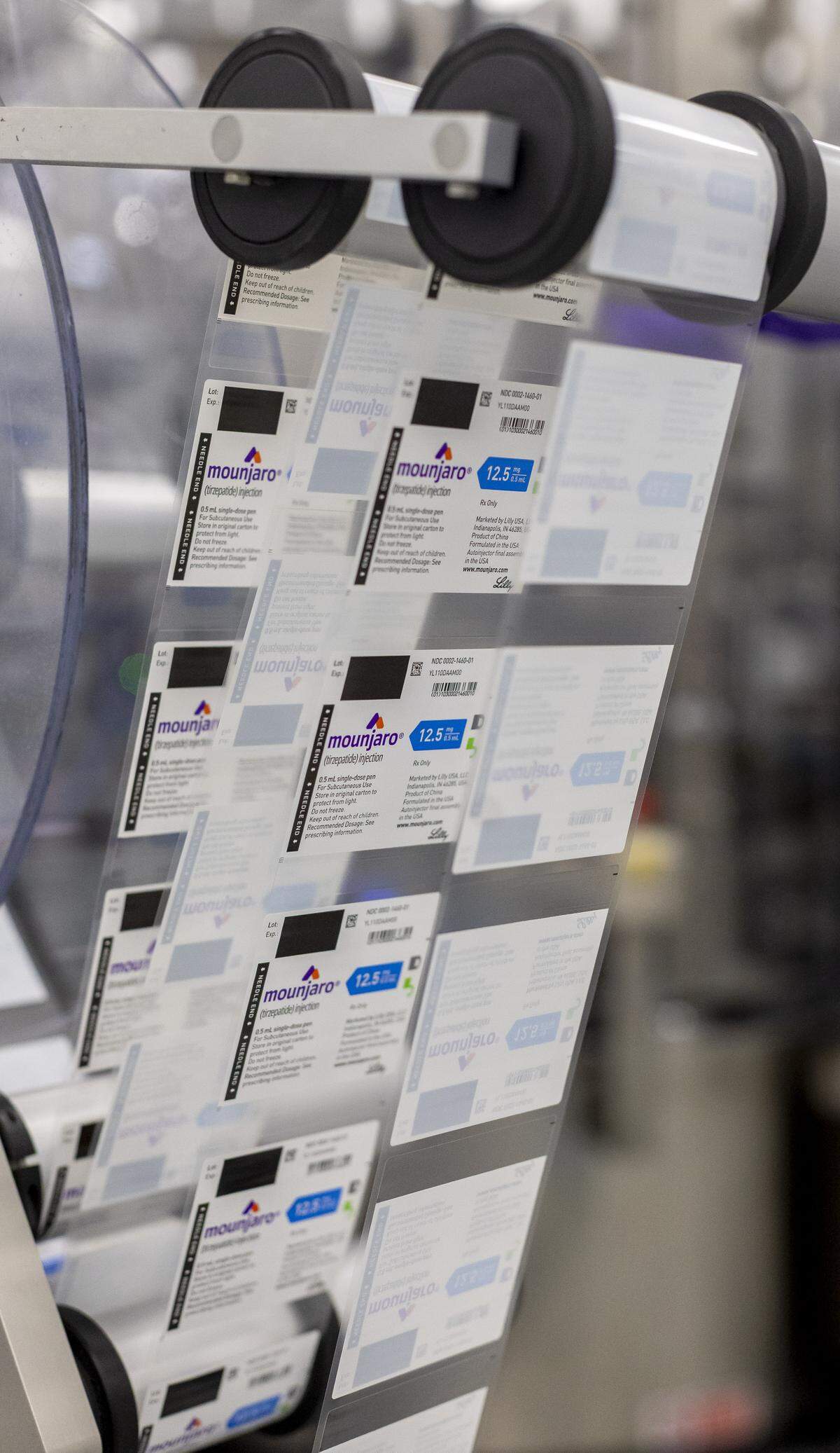 Mounjaro labels at Eli Lilly’s wet assembly line packaging facility on Thursday, July 31, 2025 in Durham, N.C.