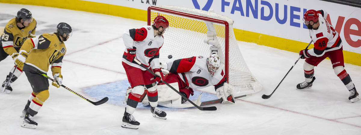 A shot by Vegas defenseman Shea Theodore gets past Carolina Hurricanes goalie to secure a 5-4 double overtime victory in Game 3 of the Stanley Cup Final, on Saturday, June 6, 2026 at T-Mobile Arena in Las Vegas, NV.