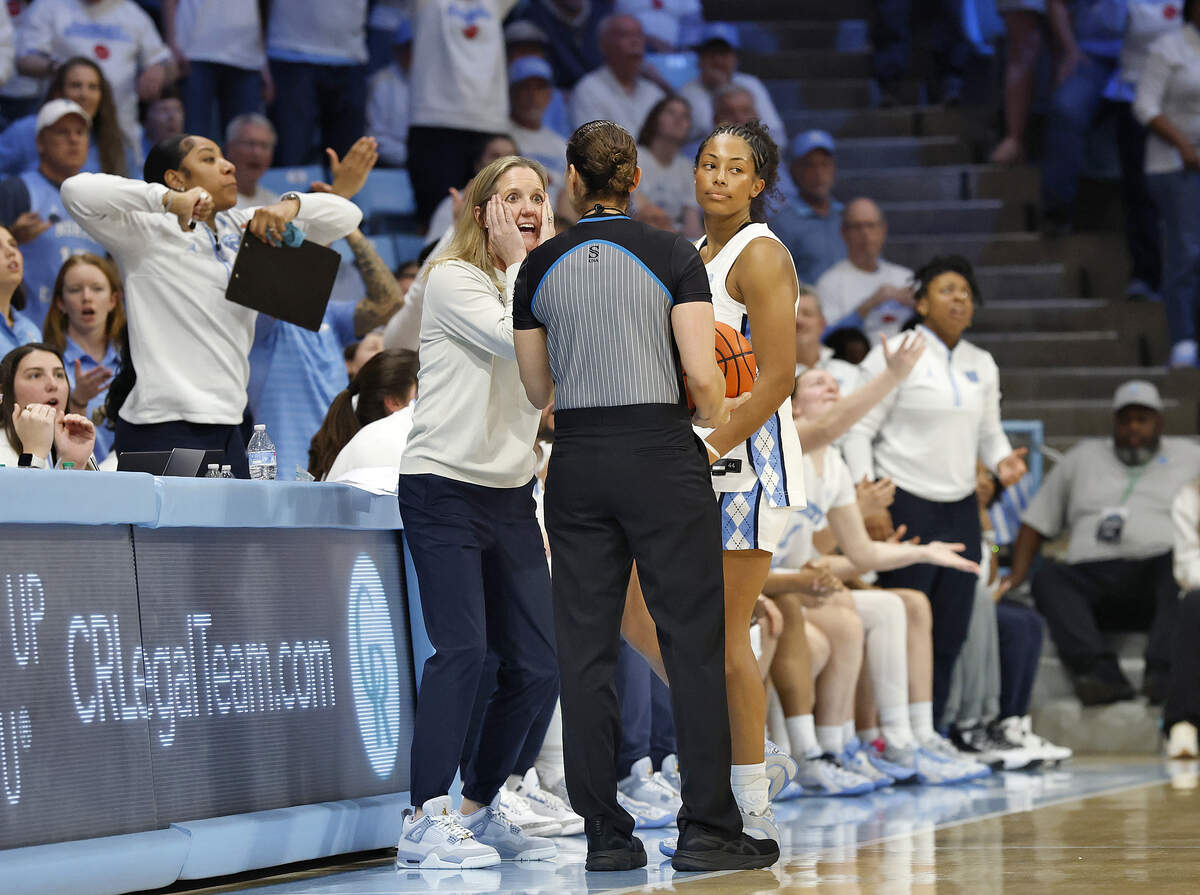 North Carolina head coach Courtney Banghart reacts to a call by an official during the second half of the Tar Heels’ 74-69 win over Duke on Sunday, March 1, 2026, at Carmichael Arena in Chapel Hill, N.C.
