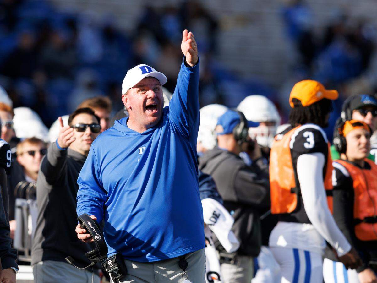 Duke head coach Mike Elko reacts to a call from the sidelines during the second half of the Blue Devils’ 30-19 win over Pittsburgh on Saturday, Nov. 25, 2023, at Wallace Wade Stadium in Durham, N.C.