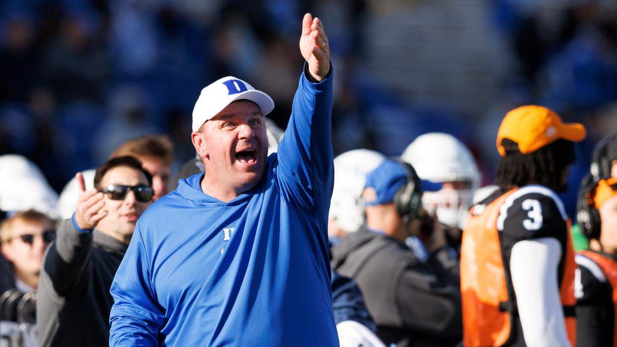 Duke head coach Mike Elko reacts to a call from the sidelines during the second half of the Blue Devils’ 30-19 win over Pittsburgh on Saturday, Nov. 25, 2023, at Wallace Wade Stadium in Durham, N.C.