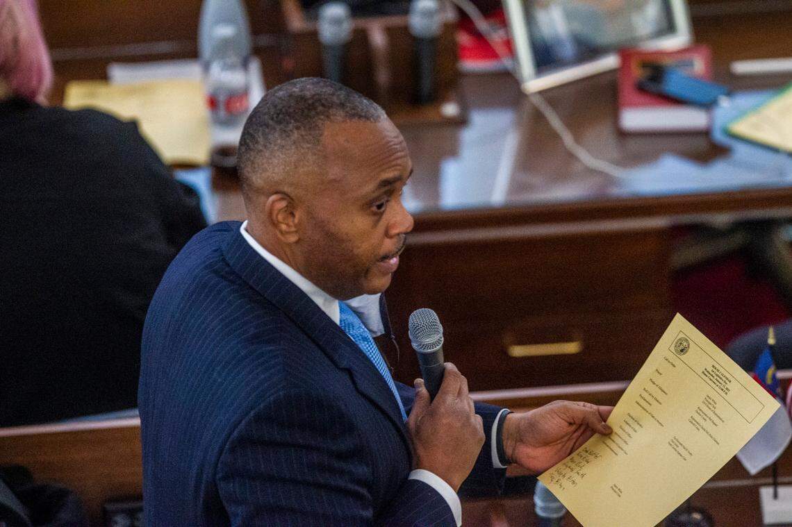 Democratic leader Rep. Robert Reives speaks on the House floor Wednesday Jan. 13, 2021 at the North Carolina General Assembly.