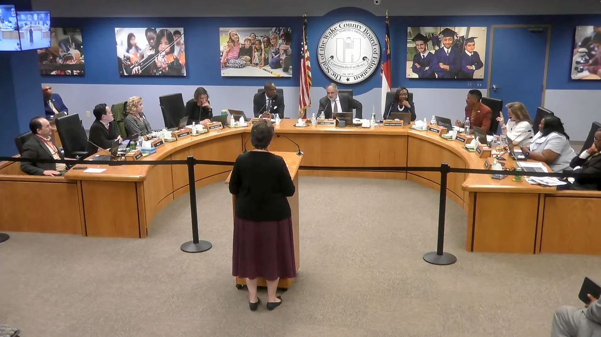 Wake County school board members argue whether to allow teachers to apply for grants from the group We Need Diverse Books at its Feb. 20, 2024 meeting in Cary, N.C. The board will meet Nov. 25, 2025 to interview applicants to fill the vacant District 8 seat.