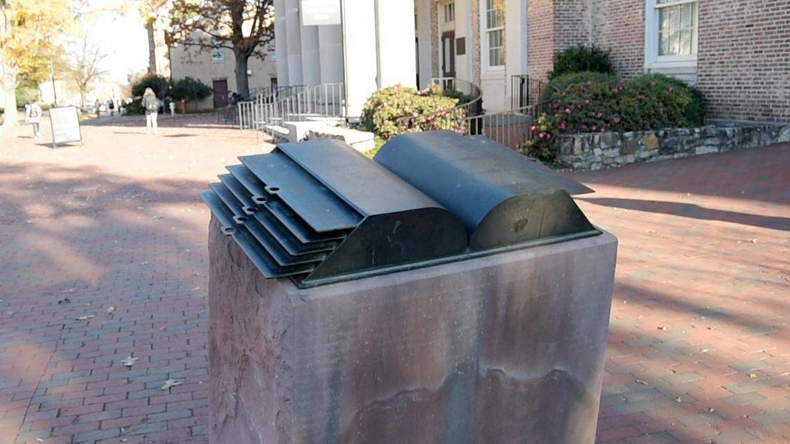 Alumni War Memorial at UNC, along the sidewalk between Phillips Hall and Memorial Hall on the UNC-Chapel Hill campus.