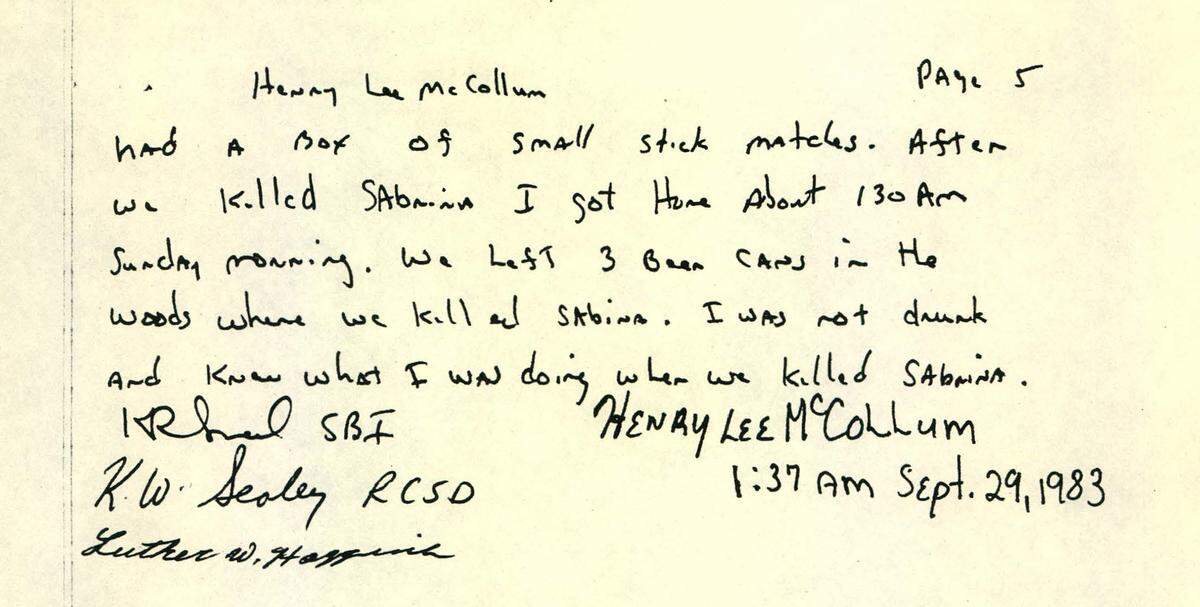 A section of a six-page, handwritten statement signed by Henry McCollum in 1983.