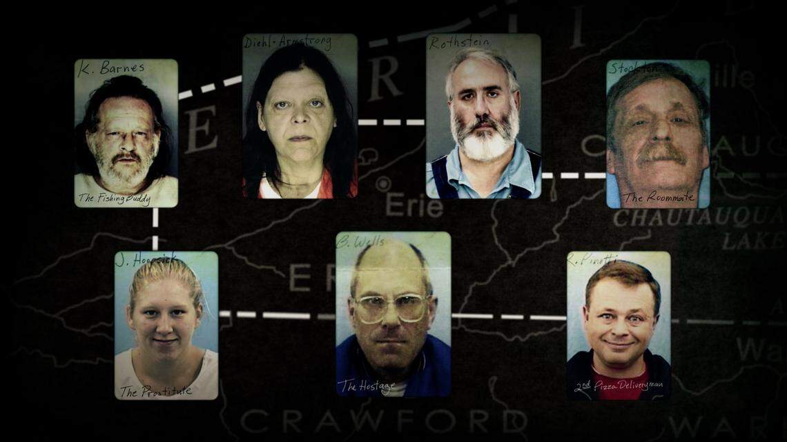 (Clockwise): Kenneth Barnes, Marjorie Diehl-Armstrong, William Rothstein, Floyd Stockton, Robert Pinetti, Brian Wells and Jessica Hoopstick – all players in the Eerie, Penn., bank heist dubbed "The Pizza Box Murders." The crime is reexamined in the four-part Netflix documentary series "Evil Genius: The True Story of America's Most Diabolical Bank Heist."