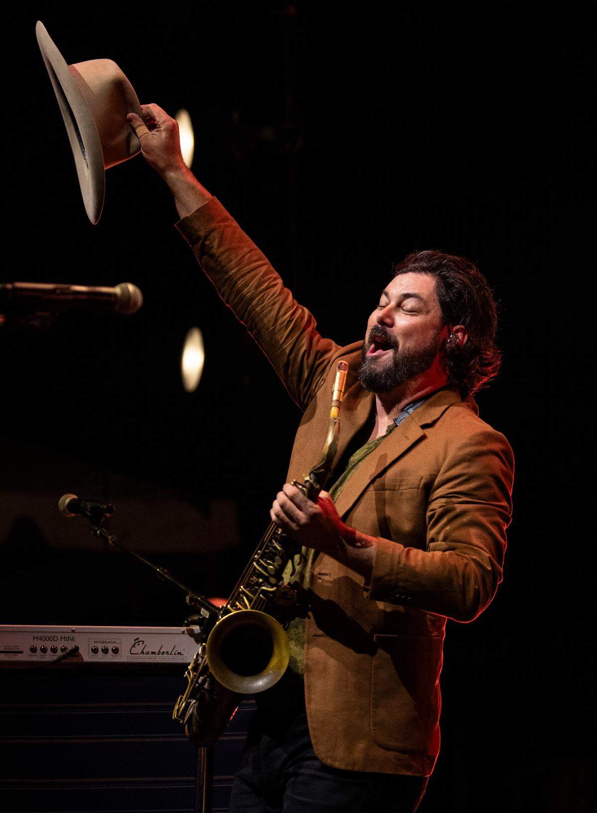 Nathaniel Rateliff and The Nightsweats sax player Andy Wild fires up the crowd at Raleigh, N.C.’s Red Hat Amphitheater, Wednesday night, Sept. 27, 2023.