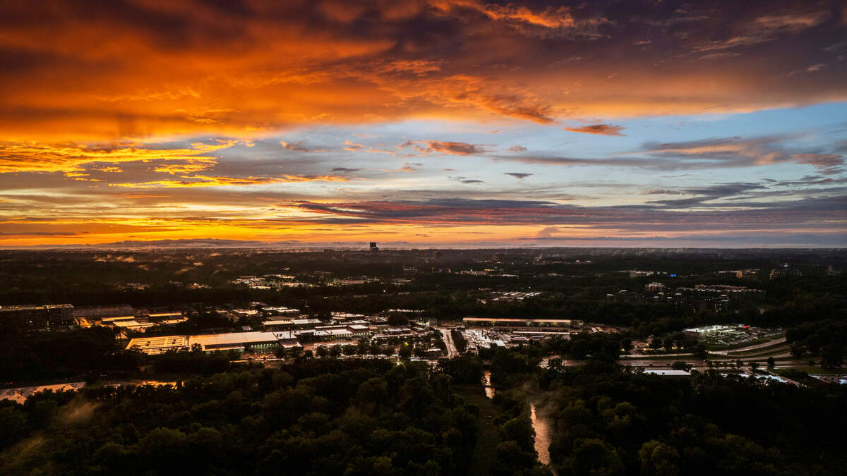An aerial view of East Raleigh at sunset on Thursday, July 10, 2025, after an afternoon thunderstorm.