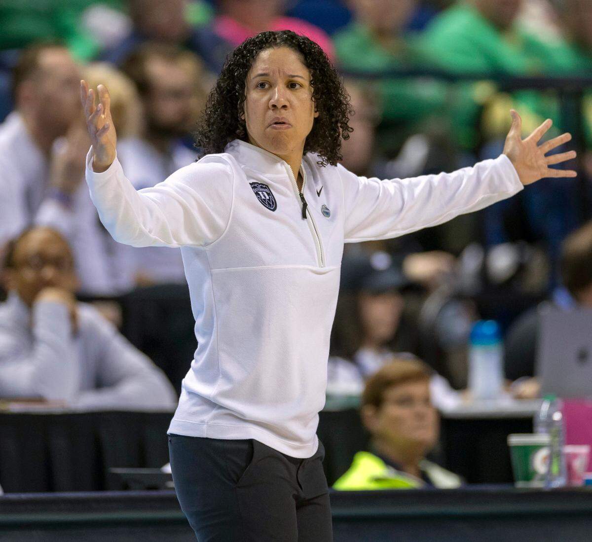 Duke coach Kara Lawson reacts, calling for a foul against Louisville, during the first half on Friday, March 7, 2024 during the quarterfinals of the ACC Women’s Tournament in Greensboro, N.C.