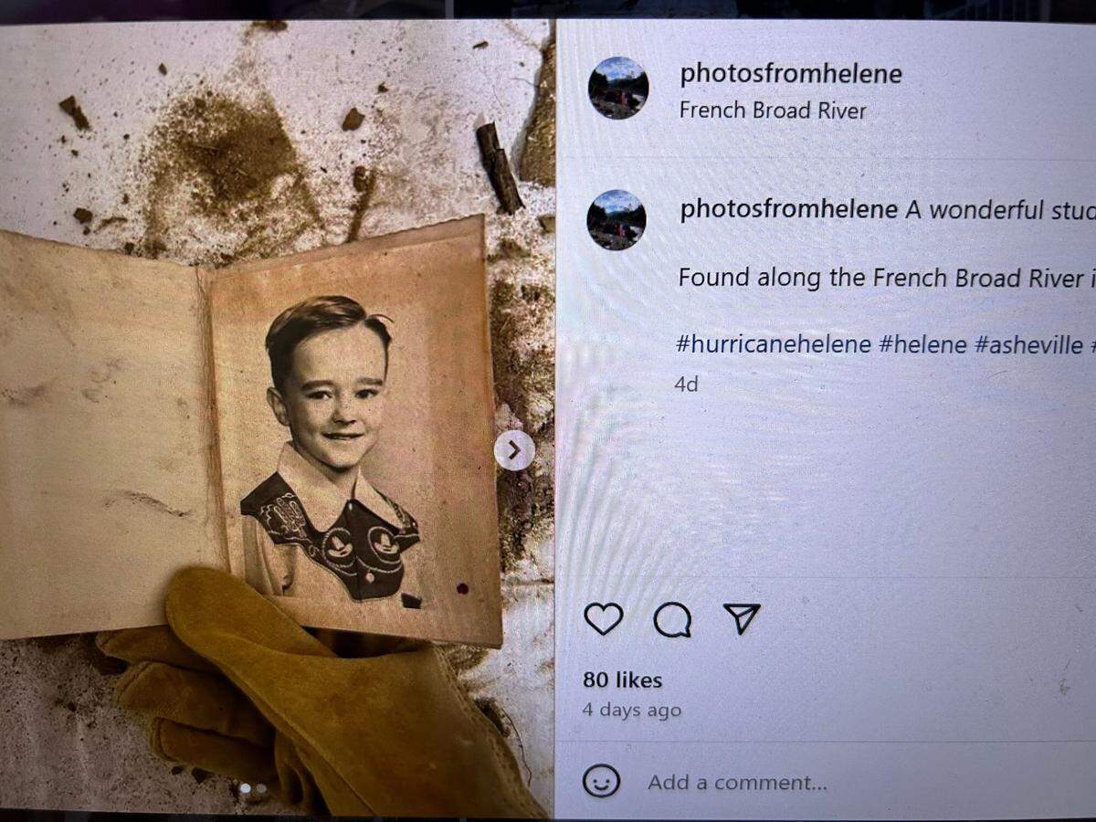 A screenshot from Photos from Helene, showing a picture collected along the French Broad River in west Asheville after Hurricane Helene